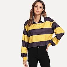 Romwe Bishop Sleeve Striped Button Detail Sweatshirt