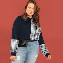 Romwe Plus Cut-and-sew Houndstooth Pullover