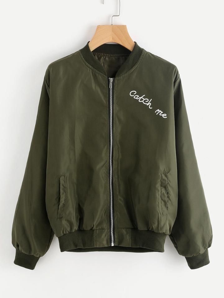 Romwe Wing Print Back Zip Up Jacket