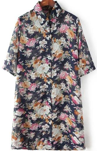 Romwe Lapel With Button Florals Chiffon Navy Blouse