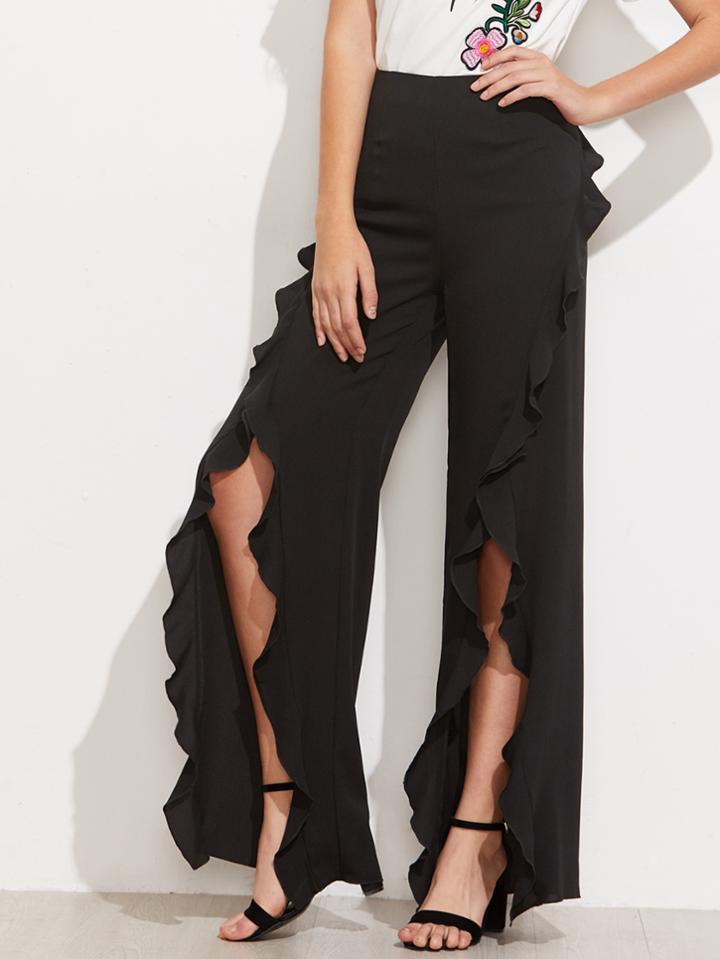 Romwe Ruffle Trim Split Front Pants