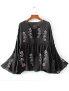 Romwe Black Floral Embroidery Bell Sleeve Blouse