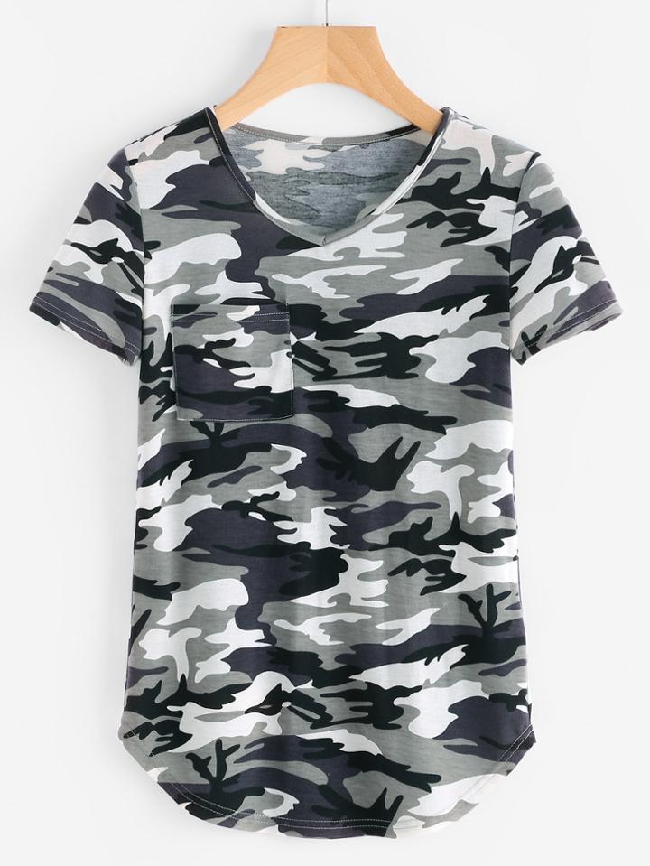 Romwe Pocket Front Curved Hem Camo T-shirt
