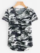Romwe Pocket Front Curved Hem Camo T-shirt