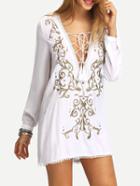 Romwe White Lace Up Embroidered Dress