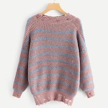 Romwe Plus Ripped Decoration Striped Sweater