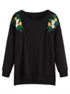 Romwe Black Drop Shoulder Flower Embroidered Slit Side Sweatshirt