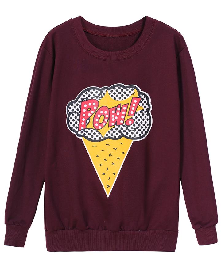 Romwe Pizza Print Loose Wine Red Sweatshirt