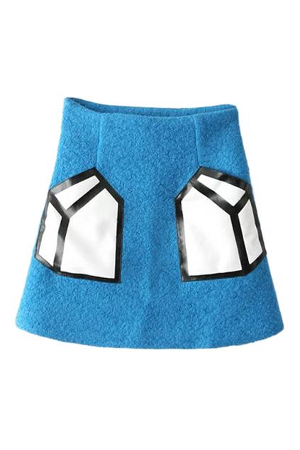 Romwe Solid Geometry Print Zippered Blue Skirt
