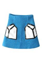Romwe Solid Geometry Print Zippered Blue Skirt