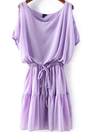 Romwe Cold Shoulder Chiffon Pleated Dress