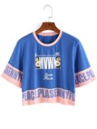 Romwe Contrast Letter Print Crop T-shirt - Blue