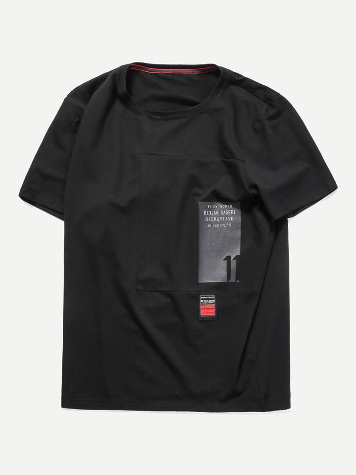Romwe Men Patch Detail Printed Tee