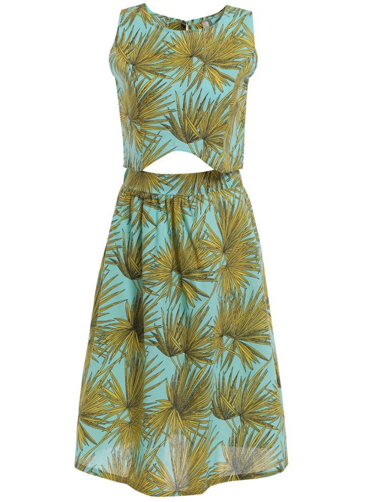 Romwe Sleeveless Leaves Print Crop Top With Flare Skirt