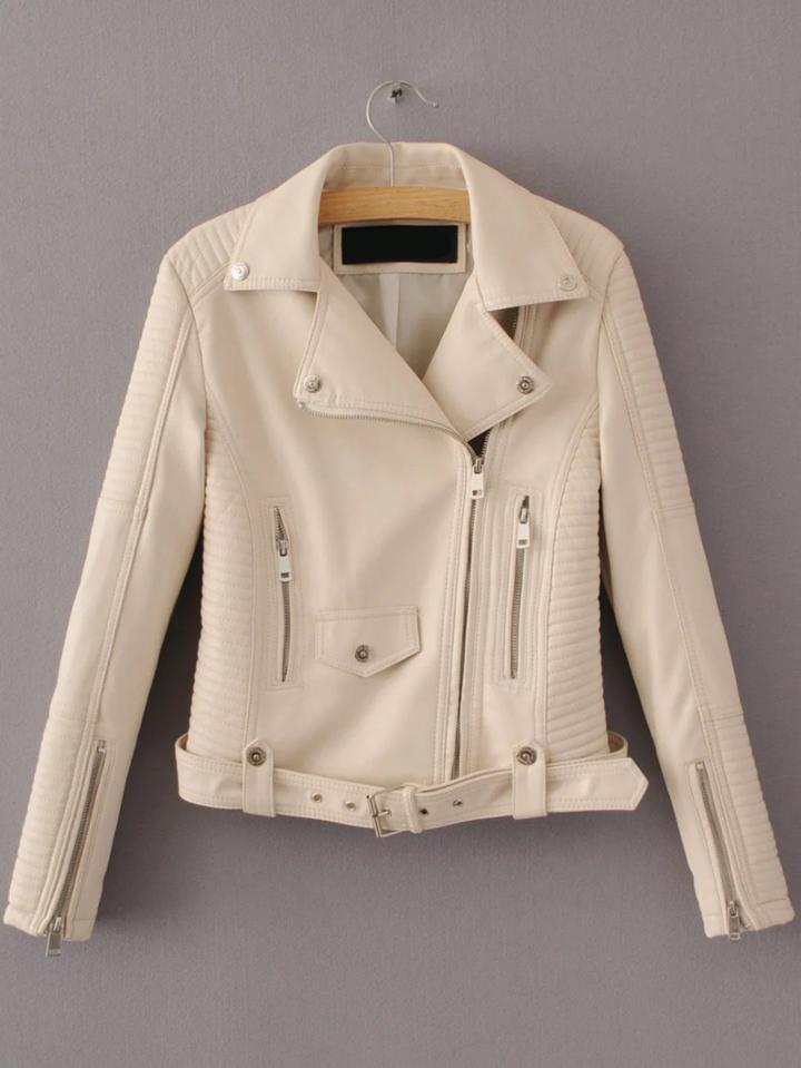 Romwe Beige Oblique Zipper Moto Jacket With Buckle