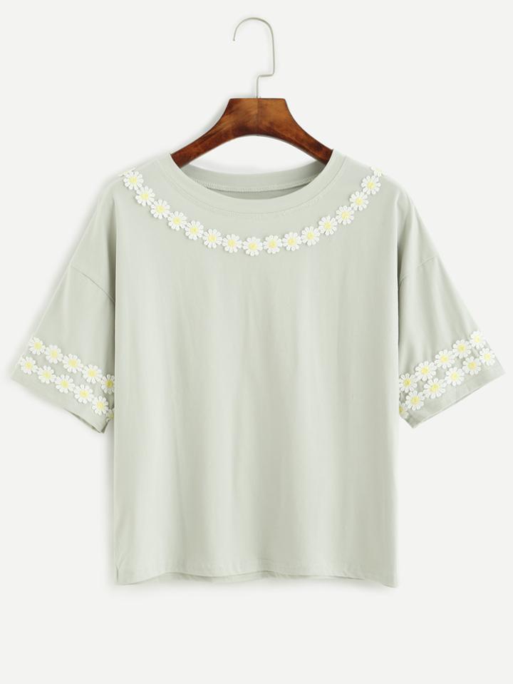 Romwe Green Daisy Lace Applique Drop Shoulder T-shirt