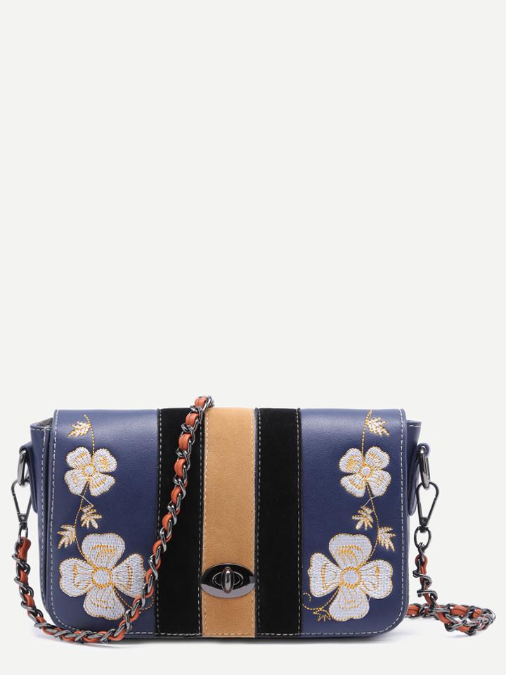 Romwe Navy Floral Embroidery Satchel Bag
