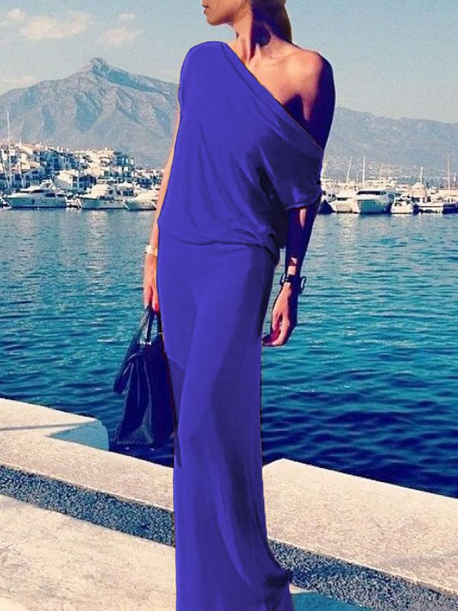Romwe Oblique Shoulder Maxi Beach Navy Dress