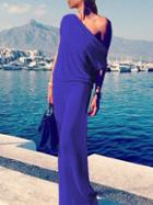 Romwe Oblique Shoulder Maxi Beach Navy Dress
