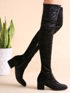 Romwe Black Embossed Velvet Zip Side Over The Knee Boots
