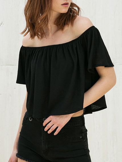 Romwe Black Off The Shoulder Swing Crop Top