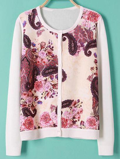 Romwe White Long Sleeve Cashews Print Cardigan