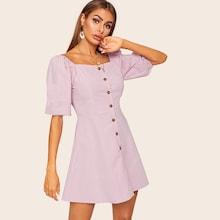 Romwe Square Neck Button Through Tea Dress