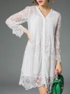 Romwe White V Neck Pleated Hollow Contrast Lace Dress