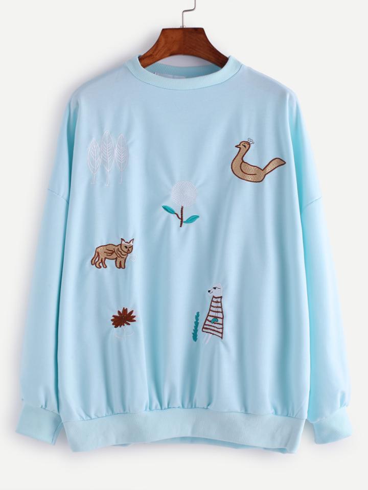 Romwe Blue Crew Neck Drop Shoulder Seam Embroidered Sweatshirt