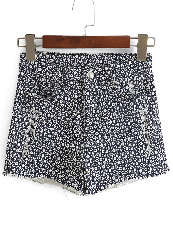 Romwe Flower Print Ripped Denim Blue Shorts