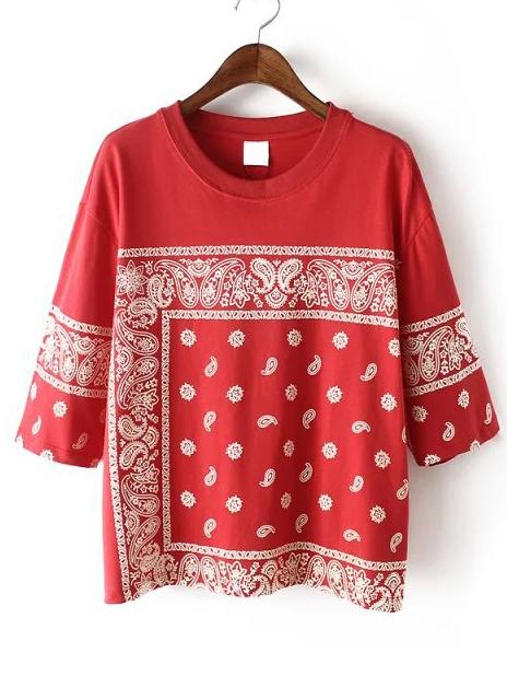 Romwe Paisley Print 1/2 Sleeve T-shirt - Red