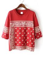 Romwe Paisley Print 1/2 Sleeve T-shirt - Red