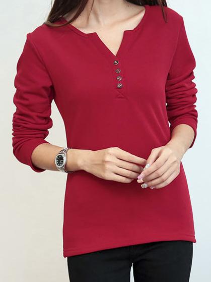 Romwe V Neck Buttons Burgundy T-shirt