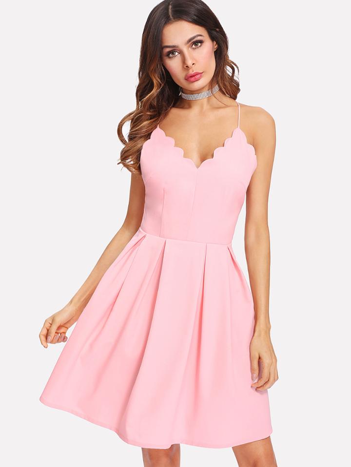 Romwe Scallop Trim Box Pleated Cami Dress