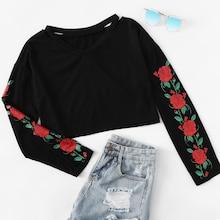 Romwe Rose Print Sleeve Cutout Neck Tee