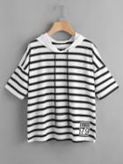 Romwe Striped Patch Drawstring Hooded Tee