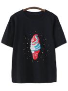 Romwe Black Short Sleeve Ice Cream Sequined T-shirt