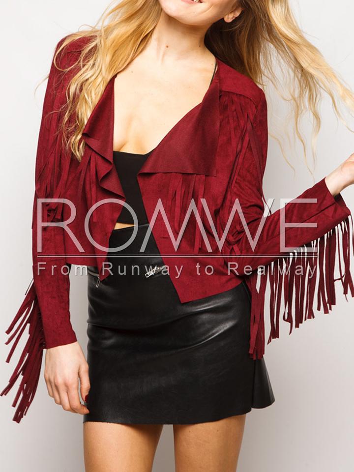Romwe Red Long Sleeve Tassel Jacket