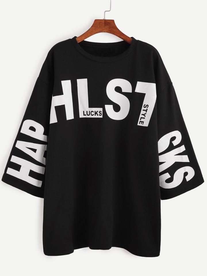 Romwe Black Letter Print Loose Tee Dress