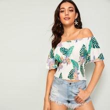 Romwe Jungle Leaf Off Shoulder Shirred Top