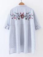 Romwe Vertical Striped Embroidery High Low Shirt Dress