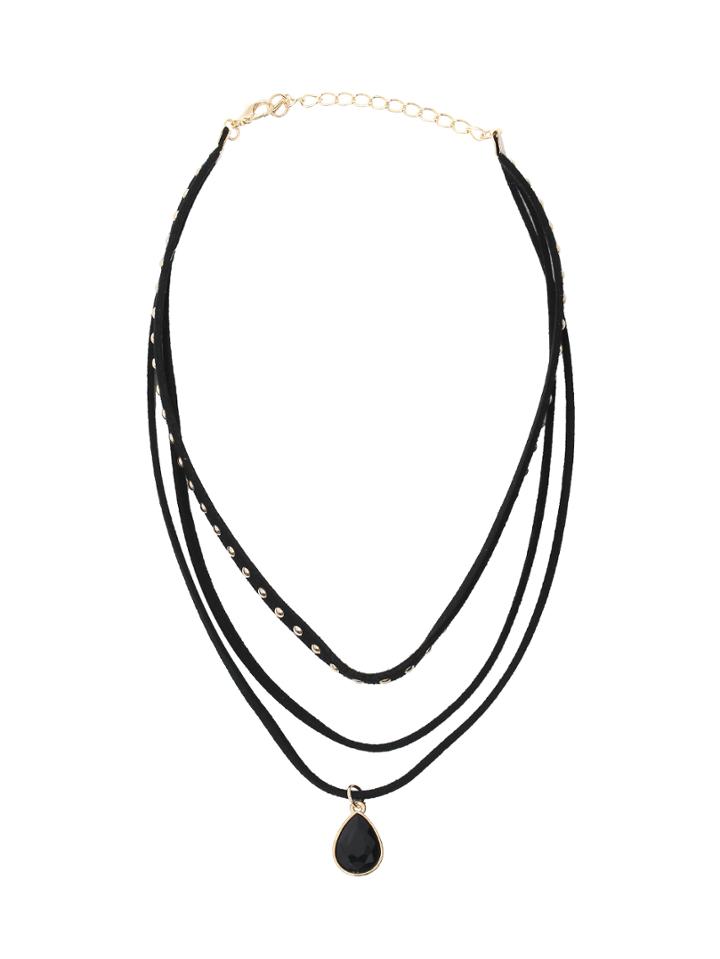 Romwe Layered Waterdrop Shaped Studded Ribbon Choker Necklace
