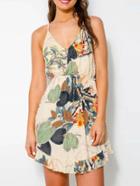 Romwe Beige Tropical Print Ruffled Hem Cami Dress