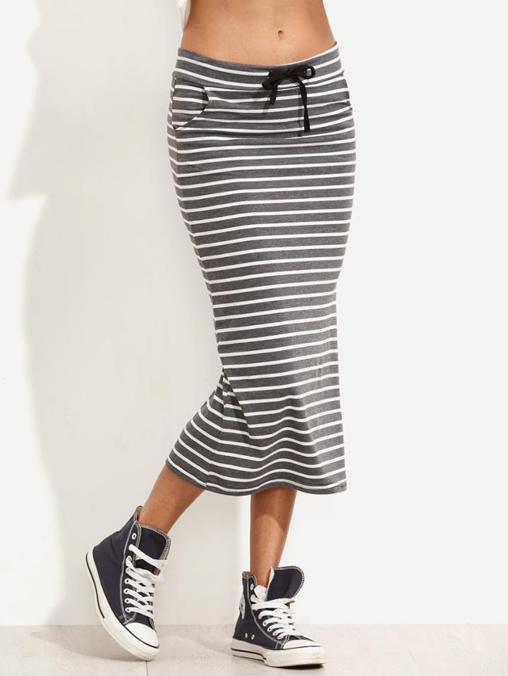 Romwe Grey Striped Drawstring Waist Pencil Skirt