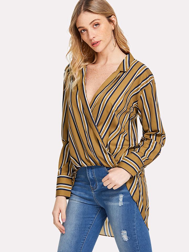Romwe Surplice Wrap Striped Blouse