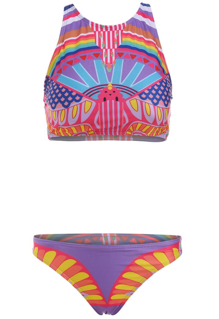 Romwe Striped Crop Top With Bikini Swimwear