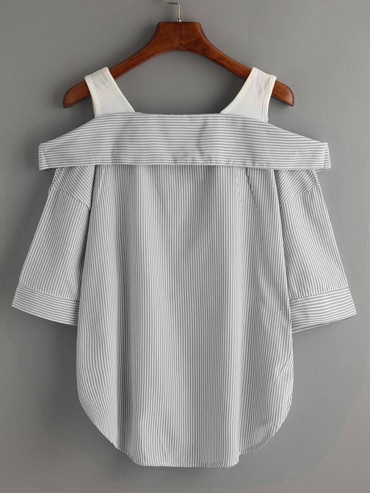 Romwe Grey Striped Fold Over Cold Shoulder Blouse