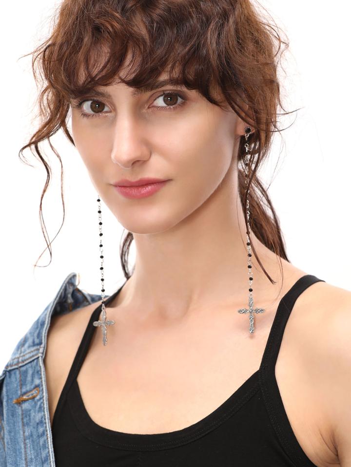 Romwe Antique Silver Tone Beaded Cross Drop Earrings