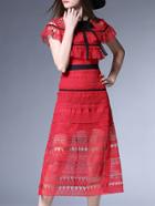 Romwe Red Contrast Self-tie Ruffle Hollow Lace Dress