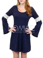 Romwe Navy Scoop Neck Contrast Crochet Ribbed Dress